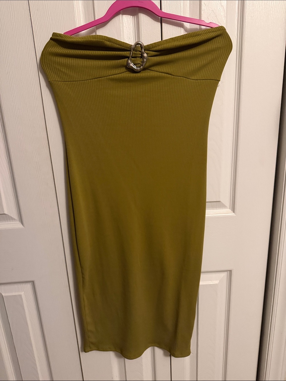 Derek Heart Olive Green Strapless Ribbed Midi Skirt with Decorative Buckle